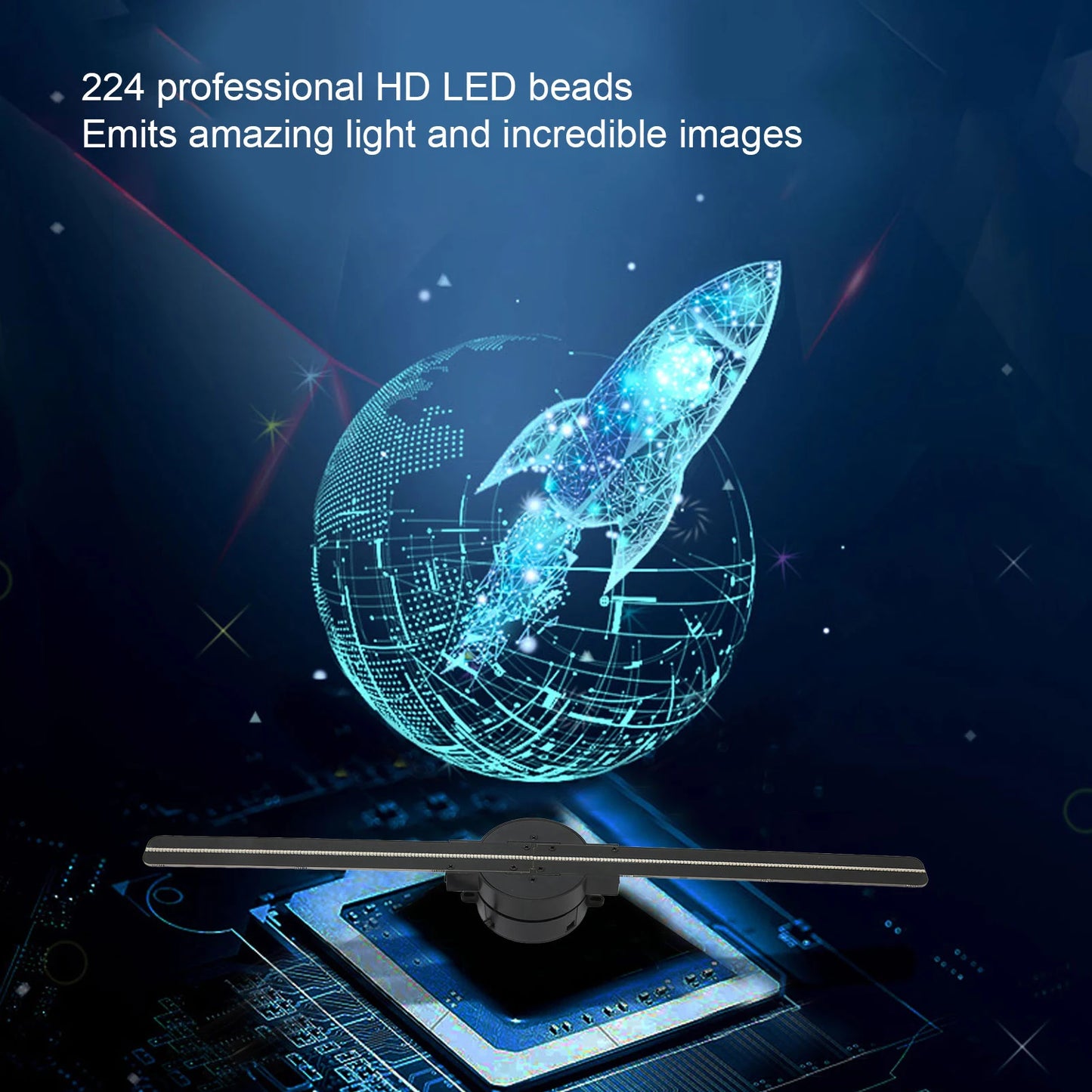 3D holographic display with blue light effects on a dark background