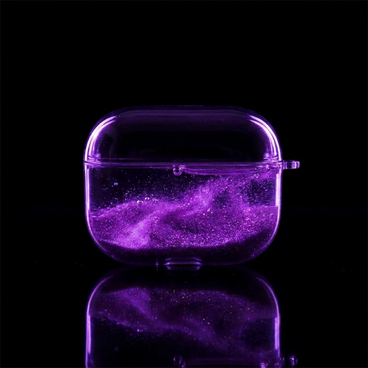 A clear plastic AirPods case filled with sparkling purple glitter, shown on a reflective black background.