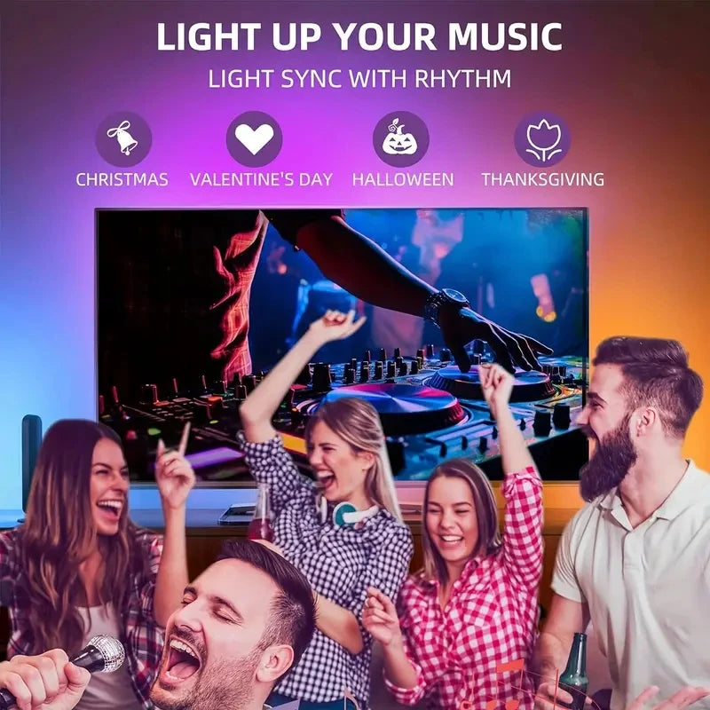 People enjoying music with a screen displaying a DJ set, surrounded by festive themes.