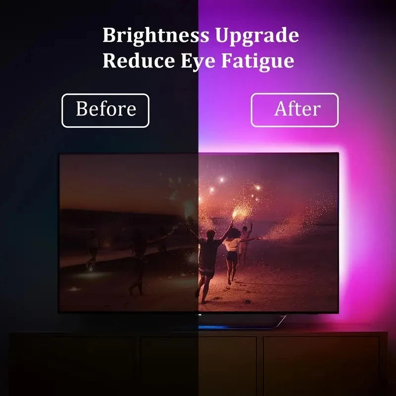 Before and after comparison of a TV screen with brightness upgrade feature.