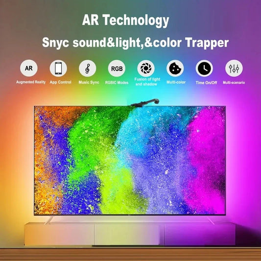 Multicolored light display with AR technology features on a gradient background