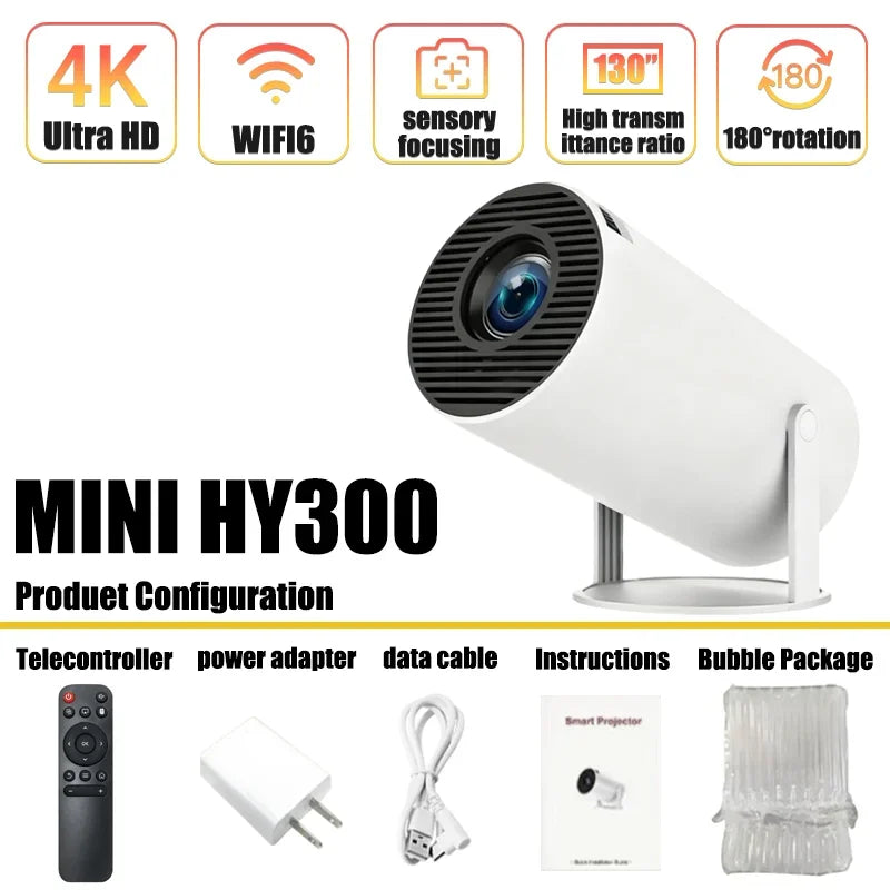 Mini HY300 camera with features and included items on a white background