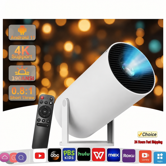 A white cylindrical laser projector with a black lens opening and a black remote control, shown against a dark background with warm bokeh lights. The image includes feature callouts such as Android 11, 4K Support, 390 ANSI, and 0.