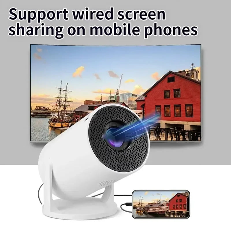 White screen sharing device projecting an image onto a wall with text 'Support wired screen sharing on mobile phones'.