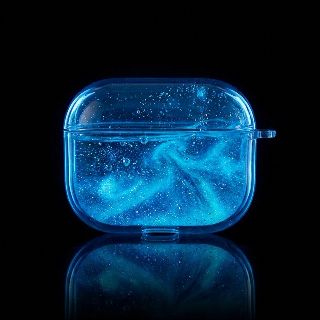 A translucent blue AirPods case with a swirling galaxy-like glitter pattern inside, shown on a solid black background with a reflection below.