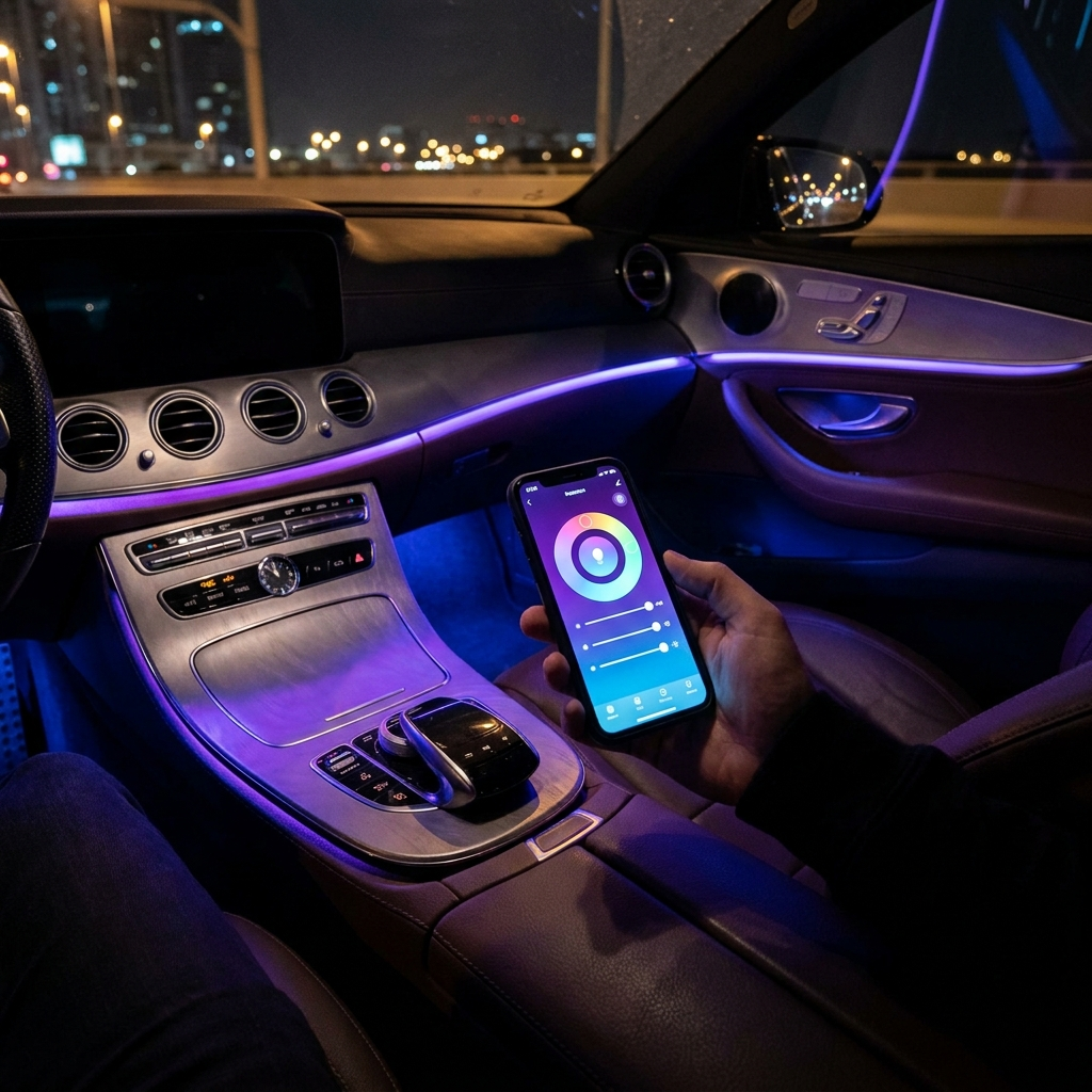 A hand holds a smartphone showing a colorful app screen inside a car cabin at night, with ambient purple and blue lighting around the center console and door panel.