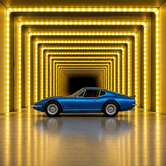 A blue classic sports coupe car shown in side profile, parked inside a glowing tunnel with bright yellow lights and reflective flooring.