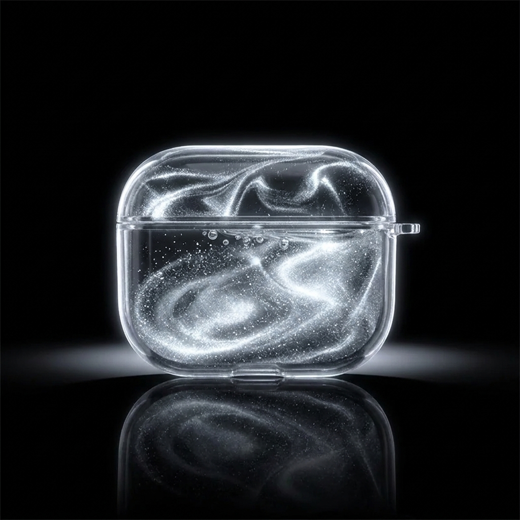 A clear, transparent protective case for wireless earbuds, filled with shimmering silver glitter and featuring a glossy, liquid-like swirl pattern on a black reflective background.