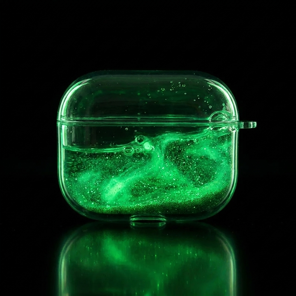 A clear, rounded rectangular container or case with a transparent lid, filled with glowing green liquid and suspended glitter, set against a solid black background with a green reflection below.