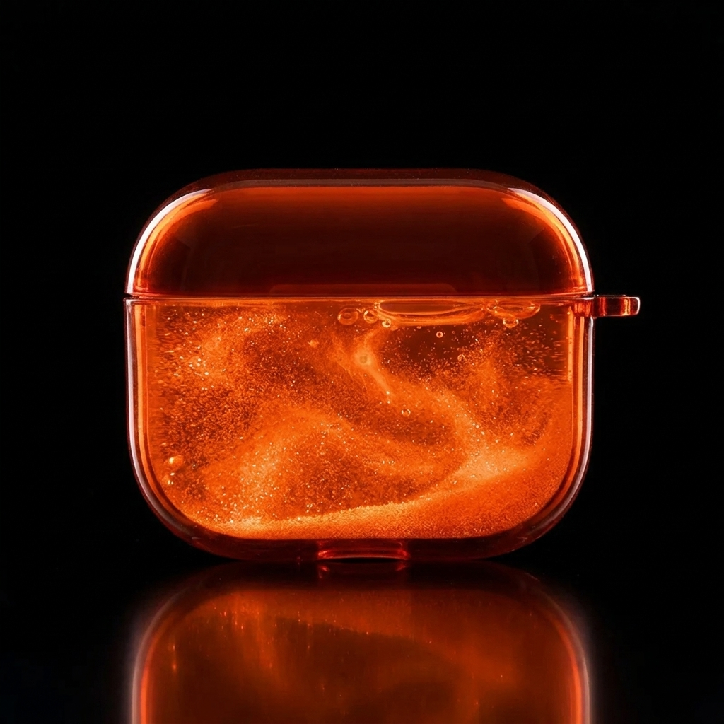 A translucent orange protective case for wireless earbuds, featuring a swirling glittery gold pattern inside, shown on a reflective black background.