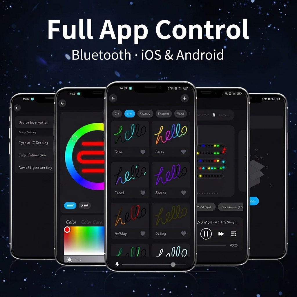Promotional graphic for a full app control feature, showing five smartphone screens side by side on a dark starry background. The screens display colorful digital pen drawing and lighting control interfaces, with large white text at the top reading 'Full App Control' and smaller text 'Bluetooth · iOS & Android'.