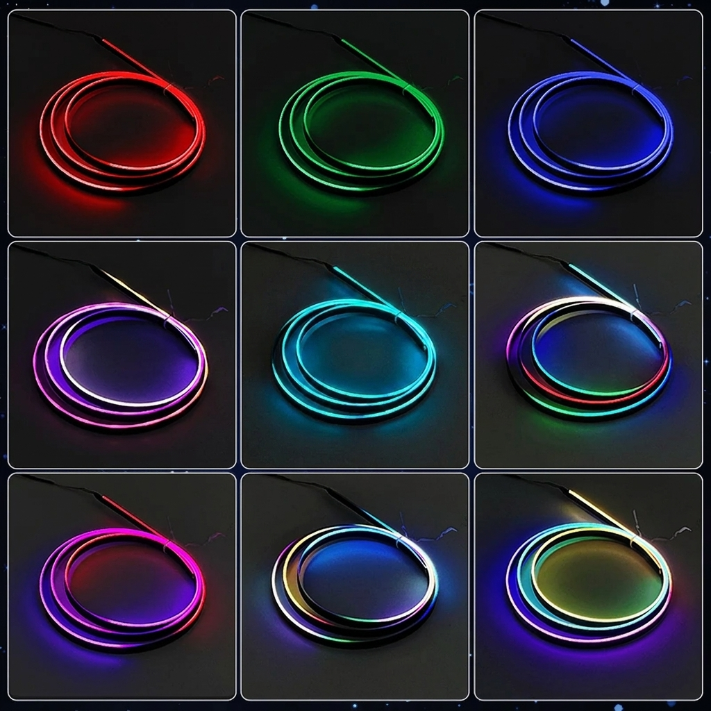 Nine square panels showing a flexible LED neon light strip in different colors, coiled and glowing against a dark background.