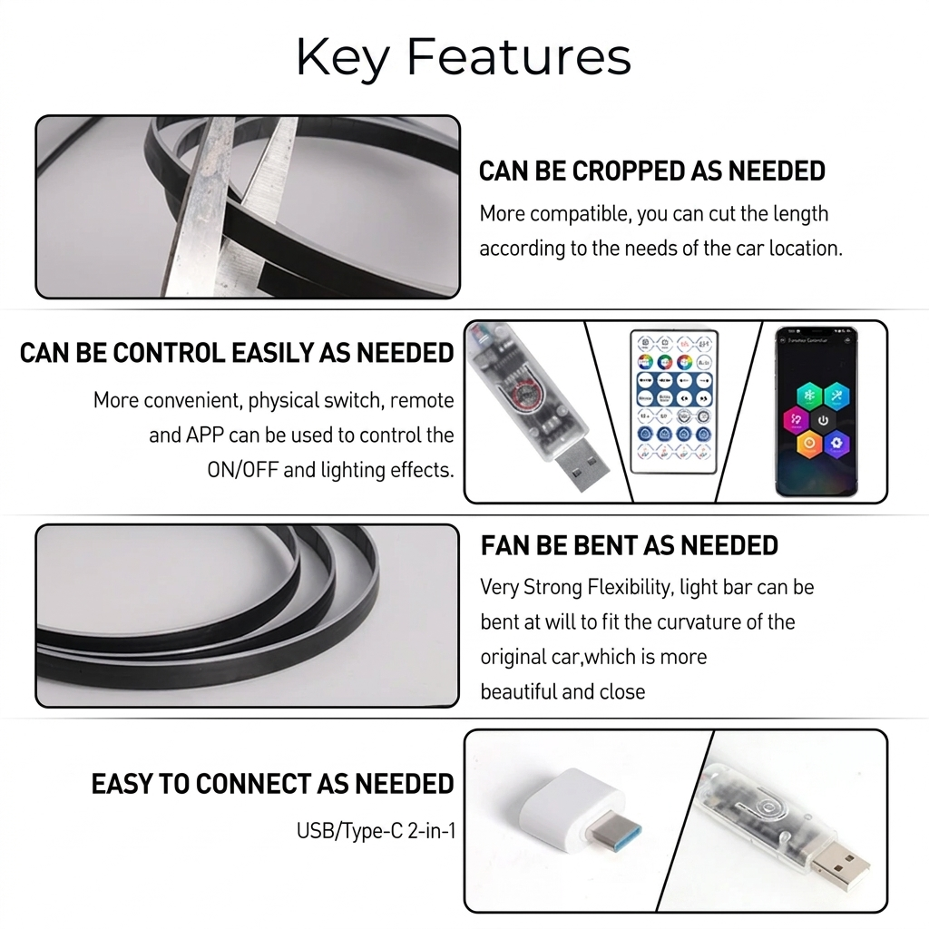 A feature infographic titled 'Key Features' showing a car light bar in multiple usage scenarios: cropped, controlled via remote/app, bent for a light bar shape, and connected via USB/Type-C. The layout is clean and informative on a white background.