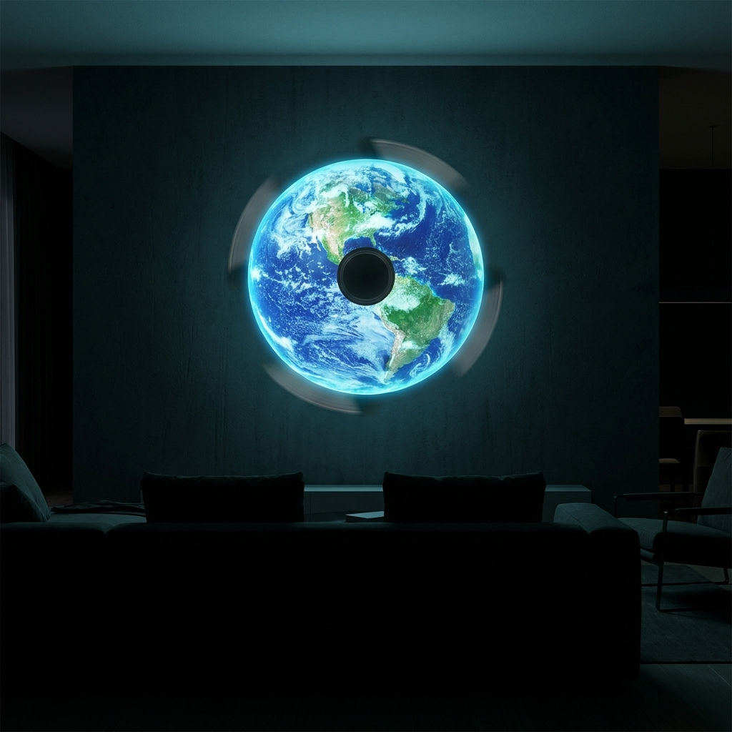 A glowing Earth globe wall art piece mounted on a dark wall above a sofa in a dimly lit living room.