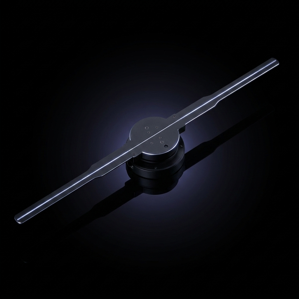 A sleek, modern metallic watch crown key hologram fan with a long, slender bar and circular base, displayed diagonally on a reflective black surface with a soft blue glow.