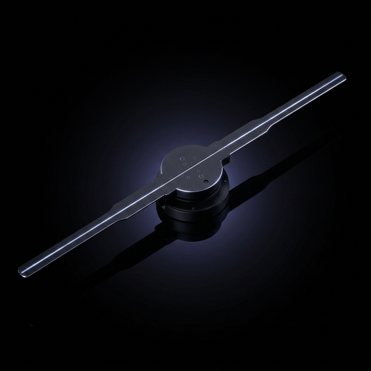 A sleek, modern metallic watch crown key hologram fan with a long, slender bar and circular base, displayed diagonally on a reflective black surface with a soft blue glow.