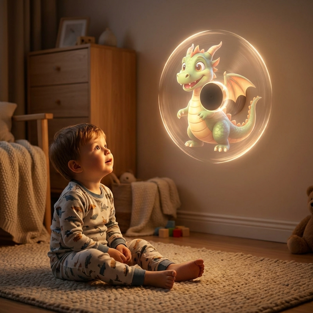 A toddler sits on a woven rug in a warmly lit bedroom, looking up at a glowing dragon projected onto the wall inside a translucent bubble. The child wears patterned pajamas, and a wooden dresser, bed, and toys are visible in the room.