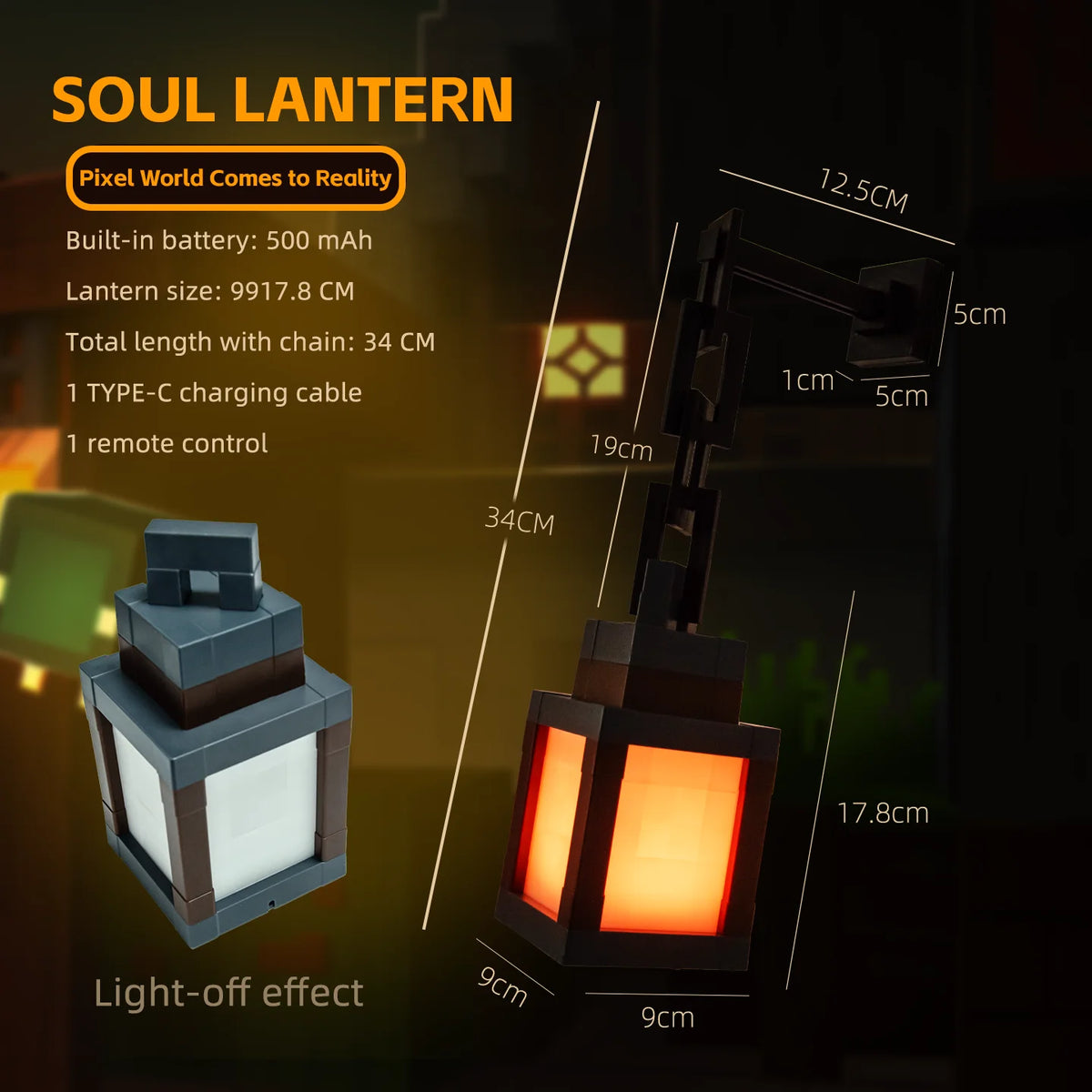 Soul Lantern with specifications and light-off effect on a dark background