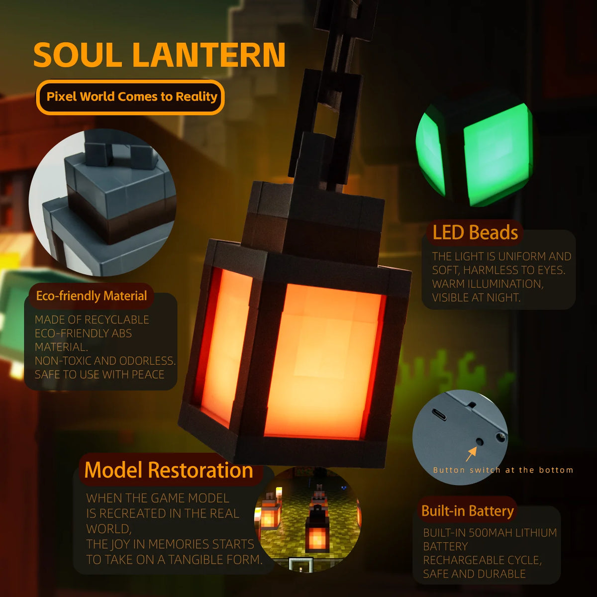 Soul Lantern with glowing LED beads and text highlighting features on a dark background