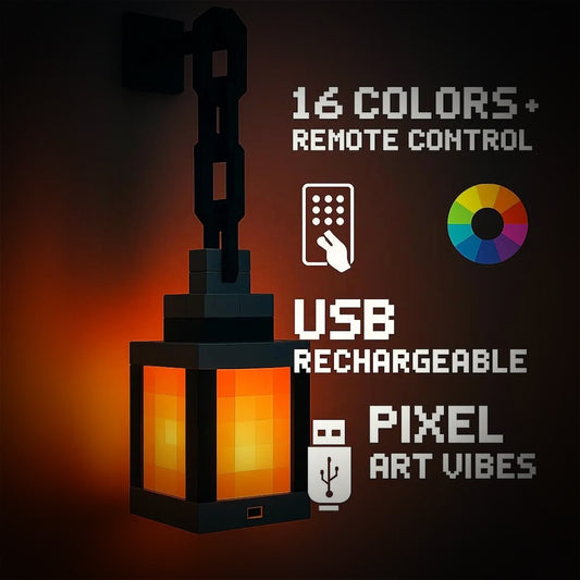 A pixel-art style wall sconce lamp with glowing orange and yellow panels, shown against a dark background with promotional text reading '16 COLORS + REMOTE CONTROL,' 'USB RECHARGEABLE,' and 'PIXEL ART VIBES.'.