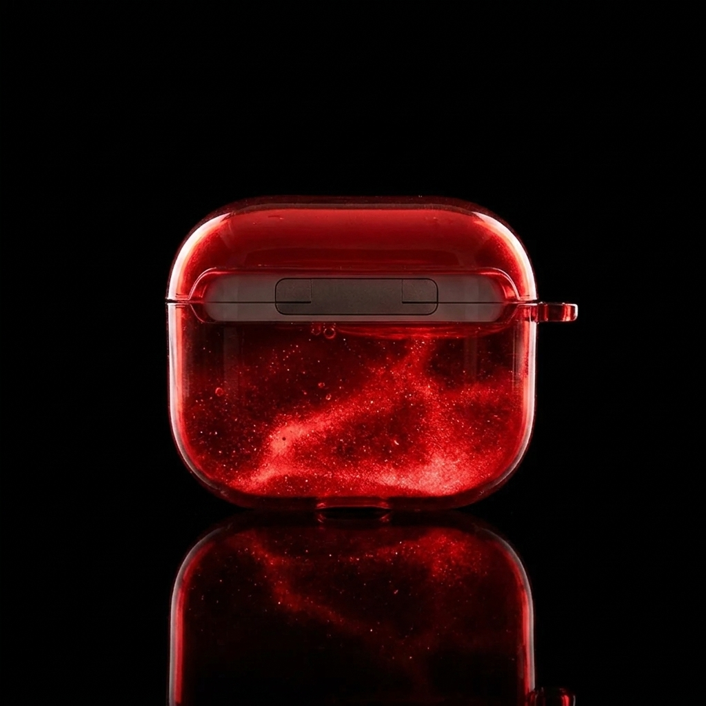 A translucent red protective case for wireless earbuds, shown on a reflective black background. The case is filled with shimmering red glitter, and the earbuds inside are faintly visible through the clear material.