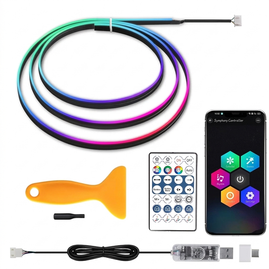 Multicolored inspection camera cable with remote control and smartphone app on a white background